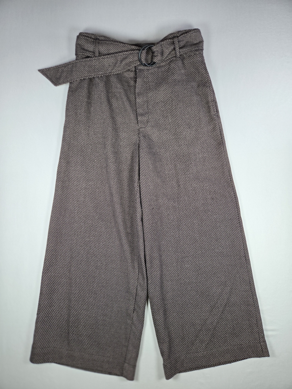 Free People Brown Tweed Wide Leg Cropped Belted Trousers Boho Pants Size 10
